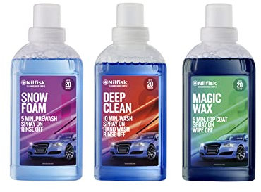 Nilfisk Premium Car Wash Kit - Snow Foam + Deep Clean + Magic Wax - Pressure Washer Detergents (500 ml/each)
