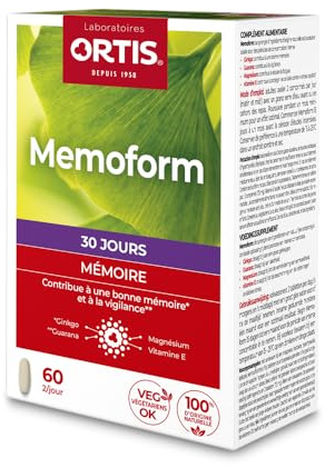 Ortis - MemoForm 60 Comprimés - Complément Alimentaire pour Améliorer la Mémoire et Renforcer la Concentration - Idéal pour les Etudiants en Examens - 100% Naturel à base de Ginkgo