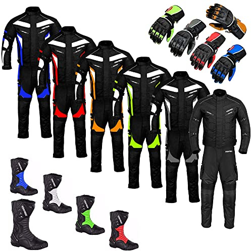 Motorbike Suit Waterproof 2 Piece Suit Rider Bike Motorcycle Jacket, Trouser, Boots & Gloves Fully Protected Suit CE Armour All Weather for Mens (Black, L)