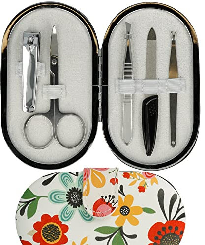 CLAUSS Maniküre Set 5-teilig plus Etui, mit Nagelschere, Feile, Pinzette, Nagelknipser und Nagelhautentferner, Carbonstahl, rostfreier Stahl, Blumen, rot gelb grün, CL-96112