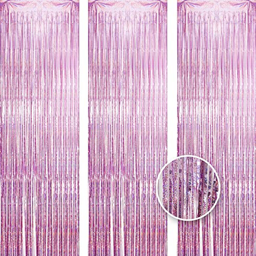Owill 3pcs 3ft X 8.3ft Pink Tinsel Curtains Aluminum Foil Flow Silk Curtain Background Streamers for Birthday Girl Princess Unicorn Christmas Bachelorette Euphoria Party Decorations