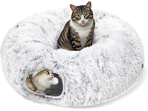 Plush Cat Tunnels Beds for Indoor Cats, 2-in-1 Cat Tunnel Haven for Endless Fun and Comfort Easy to Store, Removable and Washable 80 * 25cm (Gray)