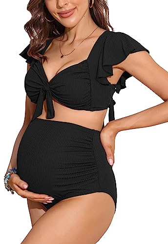 Charmo Maternity Swimsuit Ribbed Ruffle Bikinis High Waisted Tie Knot Ruched Pregnancy Two Piece Bathing Suits Black L
