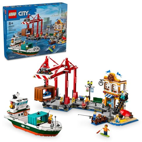 LEGO City Seaside Harbor with Cargo Ship Toy, Model Container Crane and Boat with 8 Minifigures Included, Building Set for Boys and Girls Ages 8 and Up, Kids Gift Idea, 60422