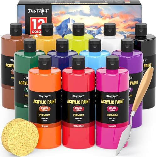 JusArt 12 Colors Acrylic Paint Bottle Set (500ml), Large Bottles Acrylic Paint Kit, Rich Pigmented Bulk Painting Supplies for Artists, Beginners on Rocks Canvas Crafts Wood Ceramic Fabric