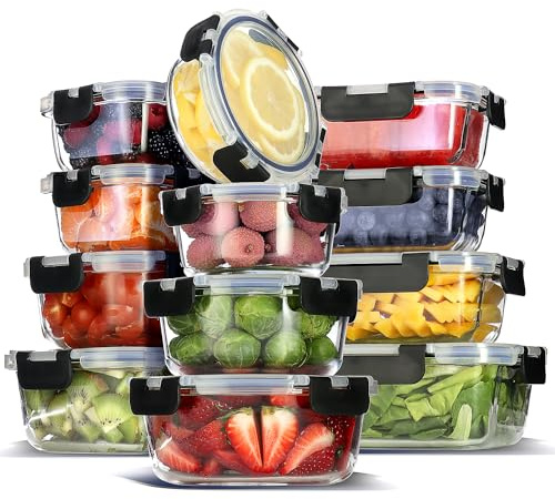 EATEX 12-Pack Glass Food Storage Containers with Lids, Airtight Glass Meal Prep Containers, Reusable Glass Food Containers with Leakproof Snap Lock Lids, Oven Microwave Freezer Safe Lunch