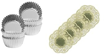 Demmler Pralinkapsel – chokladformar – silver set om 2 – 150 stycken – mått: 2,6 x 1,6 cm - inklusive 4 gyllene koppdukar – Made in Germany