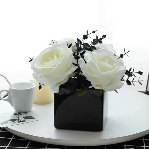 NAWEIDA Artificial Flowers with Small Ceramic Vases, Roses in Vases Plastic Artificial Flowers and Plants,Used for Home Office Wedding Decoration, Table Decoration-Black