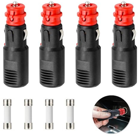 4 Pezzi Set Presa Accendisigari Maschio, 12V 24V Spinotto Presa Accendisigari Auto Spina, con Fusibile Sostituibile, Adatto per Auto Camion Moto Frigorifero per Auto e Dispositivi Elettronici