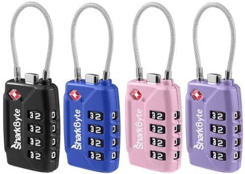 SharkByte Candados de Maleta Aprobados por la TSA - Candado de Combinación de Seguridad de Viaje de 4 Dígitos, Candado de Cable de Alambre Flexible para Viaje para Maletas, Candados de Equipaje, Bolsa