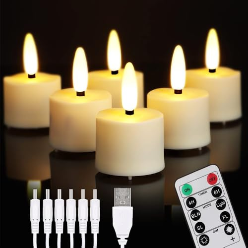 Enegg Rechargeable Tea Light Candles with Timer & Remote Function, Small Flameless LED Votive Tealight 4/6 Hours Timer Ivory for Home Xmas Halloween Decor Seasonal, 6-Pack