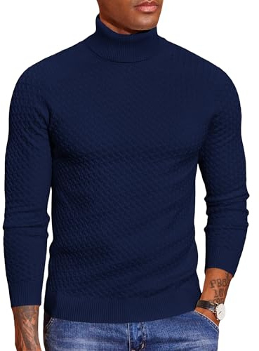 COOFANDY Jersey Cuello Alto Hombre Tejido Suave Jersey Invierno Elástico Jersey de Punto para Hombres Casual Manga Larga Jersey de Trabajo Azul Marino L