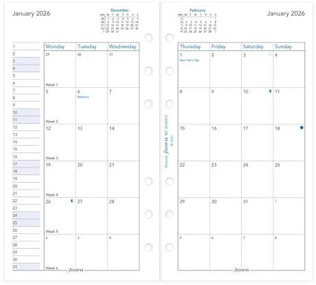 Filofax Calendar Diary Refill, Personal/Compact Size, Month-to-View, White Paper, English, 2026 (C68410-26)