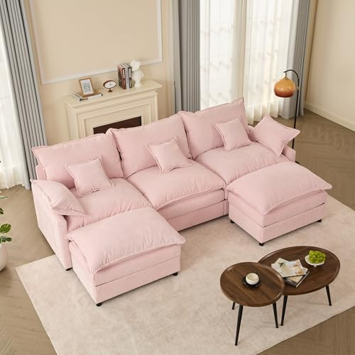 274 cm Sofá 3 Plazas Modular en Forma de U con Pufs Móviles, Rosa Claro