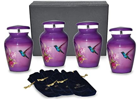 BOLD & DIVINE Urnas pequeñas de Recuerdo de colibrí Morado | para Cenizas humanas | Juego de 4 Mini urnas con Caja de Terciopelo Premium y Bolsas Individuales