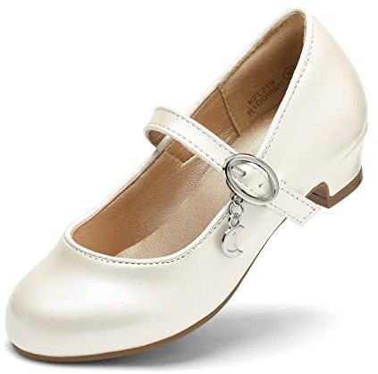 DREAM PAIRS Girls Mary Jane Low Heel Princess Flower Wedding Party Pump Dress Shoes,Size 3 Big Kid,Ivory/Pu,KFL219