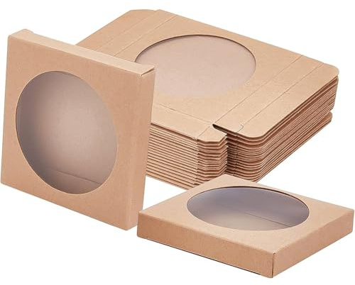 BENECREAT 24-pack bruna kraftpapperslådor med genomskinligt fönster, 9 x 9 x 1,5 cm pappersförpackningslådor för bröllopsfest godis