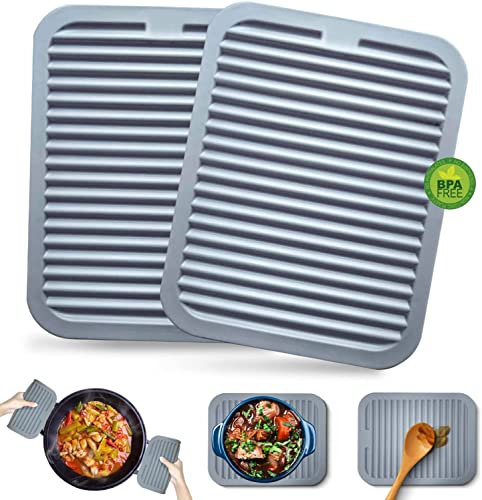 Walfos Silicone Trivets for Hot Pots and Pans - 2 Pack Heat Resistant Table Mat (27×21cm) - Multi-Purpose Pot Holders for Kitchen Counter and Hot Dishes, Gray