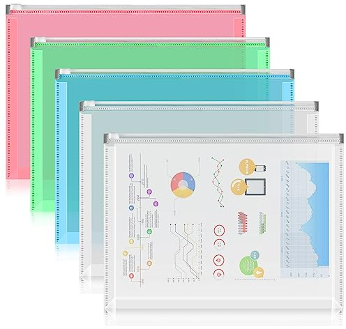 FYY 5PCS Plastic Envelopes, A4 Letter Size Poly Zip Envelopes File Folders, Translucent Expanding Document Wallet Pouch with Zipper for School and Office Supplies, 12.8 x 9.4 Inches, Assorted Color