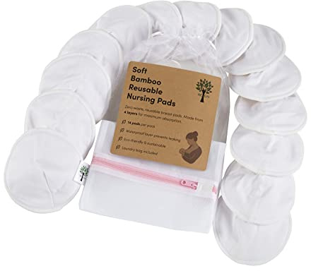 REGN Luxury 14 Pack White Reusable Bamboo Breast Pads for Breastfeeding - Soft and Absorbent Washable Nursing Pads Waterproof Backing Laundry and Storage Bags Included (Medium 3.9)