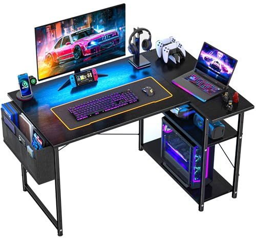L Shaped Gaming Desk with Shelf Reversible and Storage Bag, Black 100×70cm | Corner Computer Table, Ergonomic Gamer Workstation & Home Office Study Desk, Large Desktop