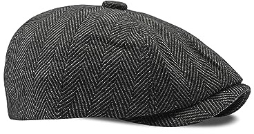 Dalababa Mens Herringbone 8 Panel Caps, Classic Newsboy Tweed Flat Cap Baker Boy Adjustable Gatsby Irish Beret Peaky Style Hat Unisex - Black