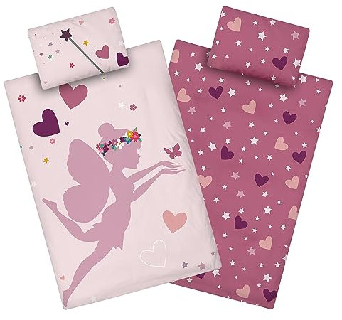 Aminata kids Bettwäsche Feen Elfen 100x135 cm Fee-Motiv Mädchen Baumwolle Fee Wende-Kinder-Bettwäsche-Set Prinzessin Herz-en YKK Reißverschluss rosa - Kinderbettwäsche Fairy Einhorn Pferd