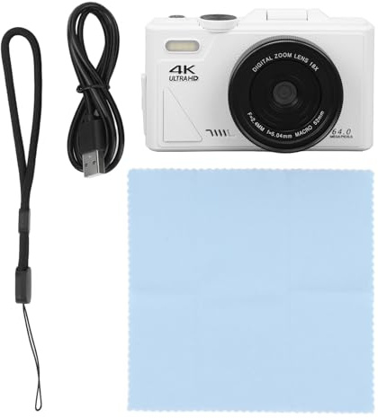 4K Digitalkamera 64MP UHD 18X Zoom Autofokus Kompaktkamera med Flip Screen (Vit)