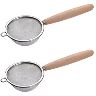 Colador de malla fina de acero inoxidable para té, colador de malla con mango (madera), colador para té, café, cócteles, jugo, té y alimentos, tamiz matcha (7 cm, 2 unidades)