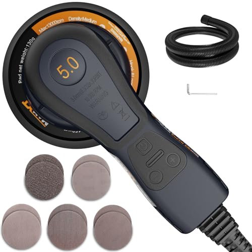 MAXXT Lijadora excéntrica sin escobillas de 5,0 mm, 230 V, con cableado trinúcleo, versátil lijadora eléctrica con ritmo variable y 10 discos abrasivos, con cable