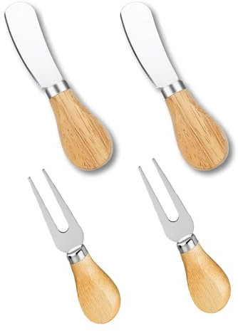 Nazeauf Mini Butter Knife - 4pcs Stainless Steel Butter Knife & Fork Set, Cheese & Butter Spreader, Easy Spread with Wooden Handle