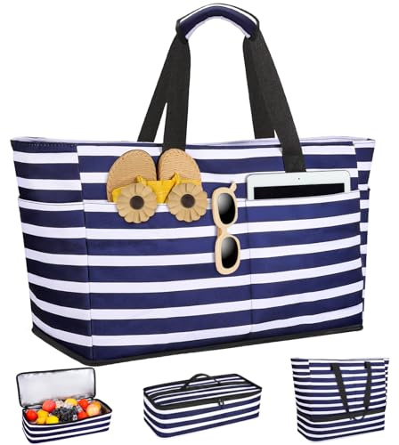 ISEYOU Beach Bag with Cooler, 49L Large Family Beach Tote with Zipper, Waterproof Sandproof Beach Bags for Women and Men, Foldable Lightweight Travel Bag for Pool, Picnic, Gym