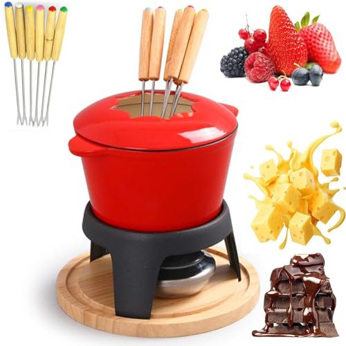 YZRDCXM Juegos de Fondue de Queso, Juego de Fondue de Hierro Fundido, Olla for fundir Chocolate con 6 Tenedores, Paleta de Madera, Revestimiento Antiadherente, fácil de Limpiar, Fondue de Chocolate