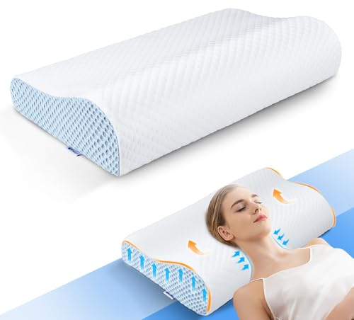 WENGX Memory Foam Pillow for Neck and Shoulder Pain Relief,Neck Support Ergonomic Bed Head Pillow,Orthopedic Cervical Pillow for Side Stomach Back Sleepers (Blue & White)