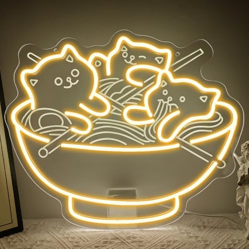 Chat Ramen Enseigne Lumineuse,Chat LED Neon Signe Art Decor pour Japonais Nouilles Resturant Shop Home Bar Cuisine,Kawaii Anime Neon Mural Cadeau pour Ado USB Powered(14.9* 12,6)