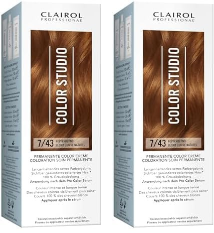 Clairol Professional Color Studio Permanente Haarfarbe Kupferblond 7/43 (110 ml) – mit Metal-Purifier für 6 x weniger Haarbruch, 10 Wochen sattes Farbergebnis & 100% Grauabdeckung – inkl. Haarkur