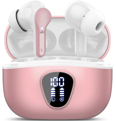 BESNOOW Ecouteurs Bluetooth sans Fil, Écouteurs 5.3 Oreillette Bluetooth Basses Immersives avec 4 ENC Mic, Casque sans Fil 40H avec Écran LED, Étanche IP7 Contrôle Tactile, Rose