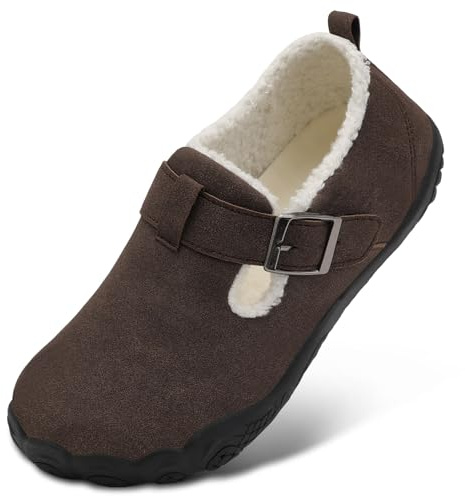 BARERUN Women's Mens Suede Indoor Outdoor Slippers Fleece Closed Back Casual Slip On House Shoes Wide Non-slip Winter Work Shoes Brown 12.5 Women 11.5 Men