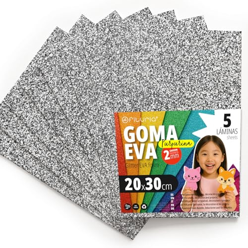 OFITURIA Fogli di Gomma Eva Glitterata per Lavoretti Creativi, Progetti Scolastici, Scrapbooking e Decorazioni Artistiche 20x30cm (Argento Glitterato, 5 pz)