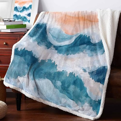 Tuuxaojbgas Abstract Waves Sherpa Throw Blanket Spray Orange Blue White Gradient Fluffy Cozy Sherpa Fleece Blanket Fuzzy Plush Warm Flannel Throw Blankets for Couch, Bed, Sofa 40x50