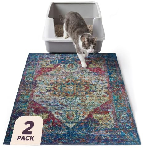 Lovewag Pets Cat Litter Mat 2 Pack - Large 36x48 Machine Washable Easy Clean Non-Slip Waterproof Mats for Cats - Bohemian Jewel