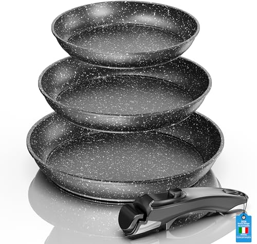 Kiseely Set di 3 Padelle Antiaderenti,un Manico Removibile,Rivestimento Antiaderente,Padella Sana e Atossica,Induzione e Gas,lavabile in lavastoviglie. (ED2)