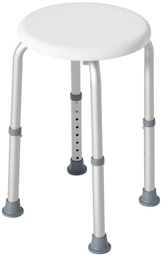 HOMCOM Sgabello da Doccia Girevole a 360° con Piedini Antiscivolo e Regolabile in Altezza su 8 Livelli, Sgabello per Doccia in Alluminio e PE, 32.5x41x35.5-54 cm, Bianco