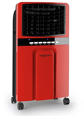 oneConcept Baltic Red Rafraichisseur d'air/ventilateur mobile (65W avec fonction humidificateur/ionisateur, 3 niveaux de puissance, mobile, 400m³/heure, roulettes pour déplacement facile) - rouge