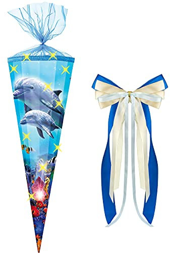 alles-meine.de GmbH 3-D Glitzer Effekt ! - Schultüte - Delfinfamilie/Fische - 85 cm / 12 eckig - incl. große Schleife - Organza Abschluß - Zuckertüte - mit/ohne Kunstst..