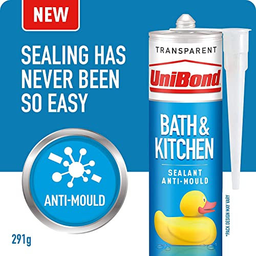 UniBond Bath & Kitchen Sealant, Mould Resistant Transparent Silicone, Ideal for Showers, Toilets, Tiles, Worktops & More, Durable & Waterproof, Easy Bathroom Sealant, 1x291g Cartridge