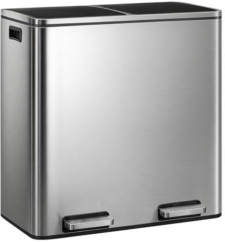 Floordirekt Mülleimer Küche 2×30L Edelstahl | 2-Fach Mülltrennsystem, Treteimer Küche, Metall, Soft-Close, luftdicht, Kunststoff-Inneneimer, Klappdeckel – (Felix)