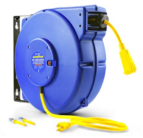 Goodyear Retractable Extension Cord Reel – Heavy-Duty Commercial Cable with Triple Tap Connector, Auto-Rewind & Wall/Ceiling Mountable (Enclosed, 12AWG x 65 ft)