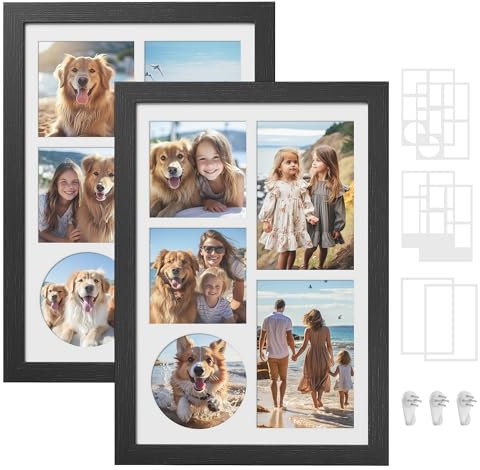 SONGMICS Cornice Portafoto con 6 Passepartout, Set di 2 Collage di Cornici Multipla, Foto 4x6 o 4x4, Chiodi Antitraccia, 36,5 x 26 cm, Nero Cenere RPF024B02