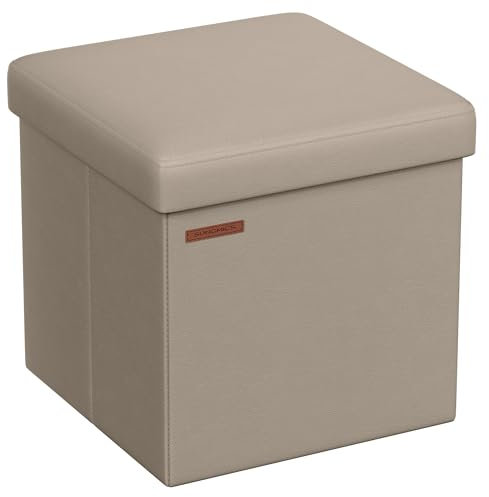 SONGMICS Sitzhocker 38 cm, Aufbewahrungsbox faltbar, Fußhocker mit Deckel, aus Kunstleder, bis 300 kg belastbar, für Eingang, Wohnzimmer, Schlafzimmer, Kamelbraun LSF010K03